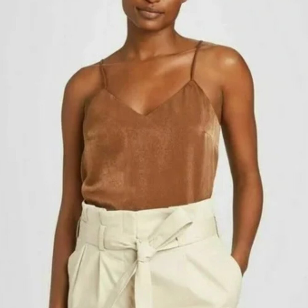 Prologue Satin Tank Top blouse spaghetti straps Brown Bronze Size Large